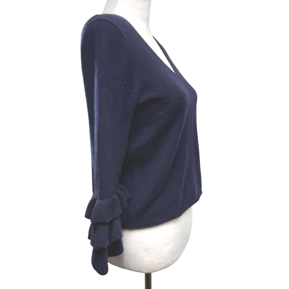Margaret O'Leary Navy Blue 100% Cashmere Sweater XS V Neck Ruffle Sleeve Sweater - Picture 6 of 8
